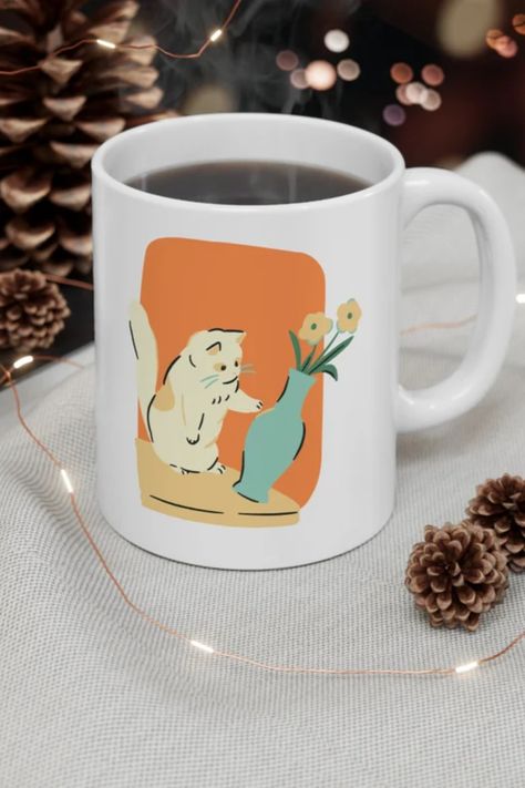 Mug Illustration Design, Design Coffee Cup, Handmade Mugs, Cute Cat Illustration, Classy Bedroom, Gift For Cat Lover, Best Coffee Mugs, Insta Ideas, Animal Mugs