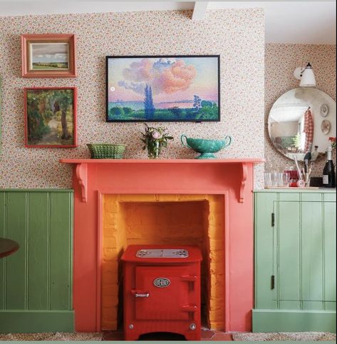 Terracotta Fireplace Surround, Colorful Fireplace Painted, Colourful Fireplace, Pink Fireplace, Front Living Room Ideas, Retro Fireplace, Watercolor Interior, Cool Mansions, Fireplace Styling