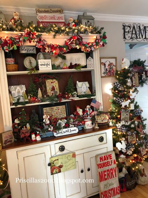 Christmas Hutch Decor, Christmas Hutch, Christmas Bookshelf, Christmas Foyer, Hutch Decor, Christmas Vignettes, Christmas China, Old Fashioned Christmas, Very Merry Christmas