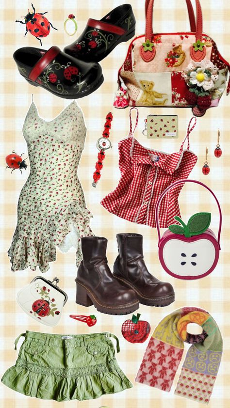 #twee #coquette #farmersmarket #y2k #vintage #ladybug #apples #2000s  #trendy #outfitinspo #outfit #OOTD Ladybug Outfits, Alt Clothes, Outfits 2000s, Funky Outfits, Comfy Fashion, Red Outfit, Really Cute Outfits, Outfit Goals, Lookbook Outfits