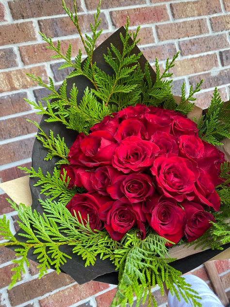 Red roses and greenery Christmas Wedding Bouquets, Red Bouquet Wedding, Red Rose Bouquet, Christmas Wedding, Rose Bouquet, Green Leaves, Flowers Bouquet, Red Roses, Beautiful Flowers