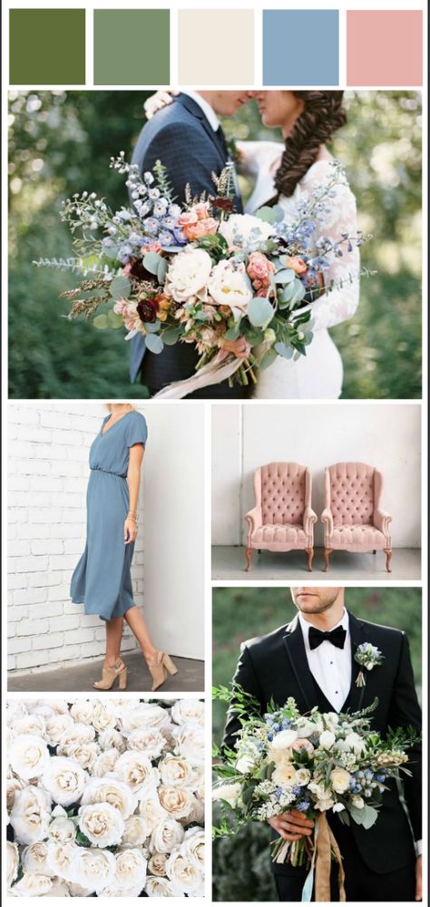 Lovely color palette - greens and ivory with dusty blue and blush pink!  Perfect for Spring. August Wedding Colors, Wedding Color Schemes Spring, Blue Green Wedding, Blue And Blush Wedding, Spring Wedding Color Palette, Pink Green Wedding, Wedding Color Palettes, Pink Wedding Colors, Ranch Weddings