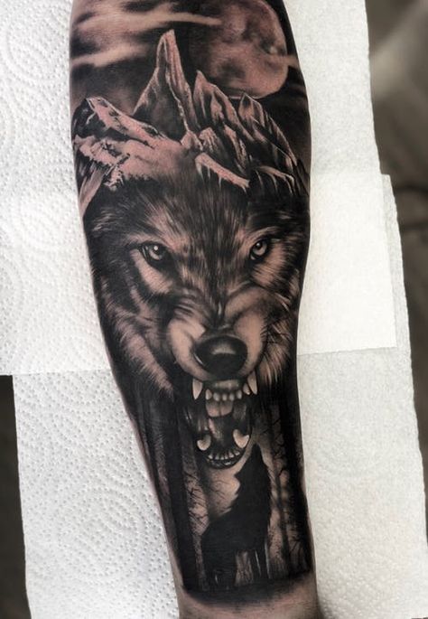 Coolest Tattoo, Wolf And Moon Tattoo, Tattoo Arm Sleeve, Husky Tattoo, Today Tattoo, Wolf Tattoos Men, Cool Half Sleeve Tattoos, Angry Wolf, Wolf Tattoo Sleeve