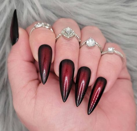 Please read full description. These nails are the coolest combination of black and red. They have a glittery ruby red middle with a black outline that is blended into the red all the way around. They are literally for any occasion. They are shown in a long stiletto shape but are available in multiple shapes and sizes. I offer luxury, hand-painted press-on nails made with high quality Apres Gel-X soft gel full cover nail tips and almost exclusively gel polish. Gel polish will give you longer last Black And Red Ombre, Nails Witchy, Red Press On Nails, Nails Goth, Black To Red Ombre, Fake Nails Long, Long Stiletto Nails, Witchy Nails, Plain Nails