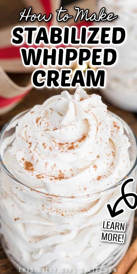 Stabilized Whip Cream, Stabilize Whipped Cream, Stable Whipped Cream, Homemade Whipped Cream Recipe, Stabilized Whipped Cream, Recipes With Whipping Cream, Making Whipped Cream, Whipped Cream Frosting, Whip Cream