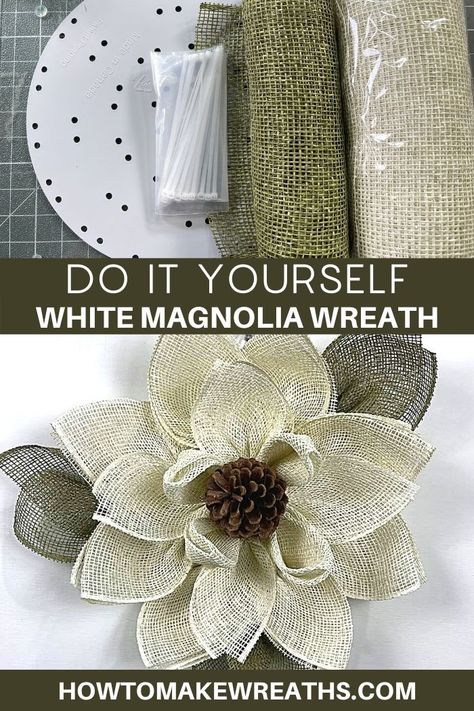 This flower wreath project is super easy and can be made in less than an hour using poly burlap mesh, zip ties, pine cone, scissors, and a UITC Flower board. The result? A beautiful white magnolia wreath that will brighten up every space you hang it in. Diy Magnolia Wreath, Burlap Wreath Tutorial, Burlap Mesh Wreath, Deco Mesh Wreaths Tutorials, Flower Board, Burlap Flower Wreaths, Burlap Wreath Diy, Deco Mesh Wreaths Diy, Decoration Vitrine