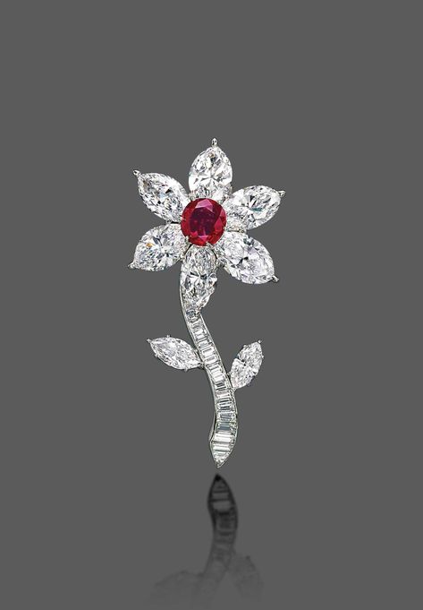 A FINE RUBY AND DIAMOND BROOCH | Jewelry, brooch | Christie's Diamond Flower Brooch, Brooch Flower, Hubba Hubba, Jewelry Brooch, Luxury Business, Jewelry Auction, Diamond Brooch, Ruby Jewelry, Brooch Jewelry