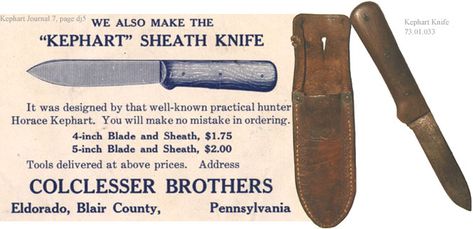 Kephart sheath knife and advertisement. As always, the tools and equipment for hunting heldan equal passion with the adventure. His expertise on guns and marksmanship was incorporatedinto several articles anda serializeddetective story "The Trail of a Bullet." Kephart had hoped to publish a book on the subject and developed a bullet mold. His role as an equipment designer also includedthe Kephart Sheath Knife. This knife could be used in a variety of utilitarian roles in hunting and other outdoo Kephart Knife, Knife Patterns, Great Knife, Bushcraft Camping, Bushcraft Knives, Knife Design, Boy Scout, Knife Sheath, Handmade Knives