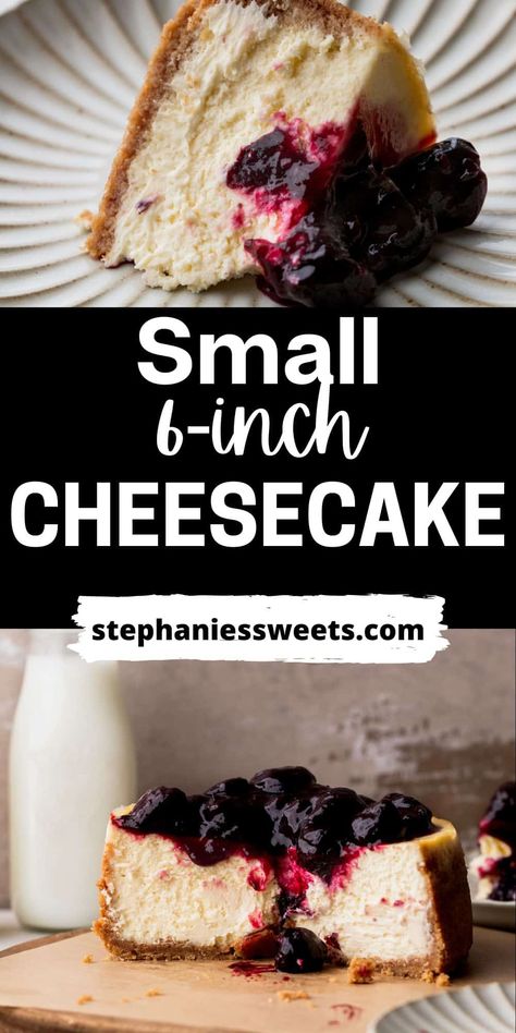 This small cheesecake is perfect when you need a small version of a cheesecake! This is a new york style cheesecake baked in a 6-inch springform pan. It is ultra creamy and topped with a cherry topping.