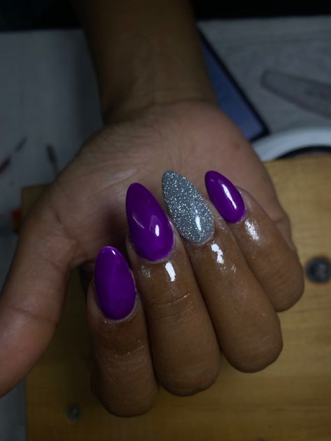 Plum And Silver Nails, Purple Gray Nails, Dark Purple And Silver Nails, Purple And Grey Nails, Silver And Purple Nails, Sparkly Nails Acrylic, Purple Sparkly Nails, Purple And Silver Nails, Sparkle Nail Designs