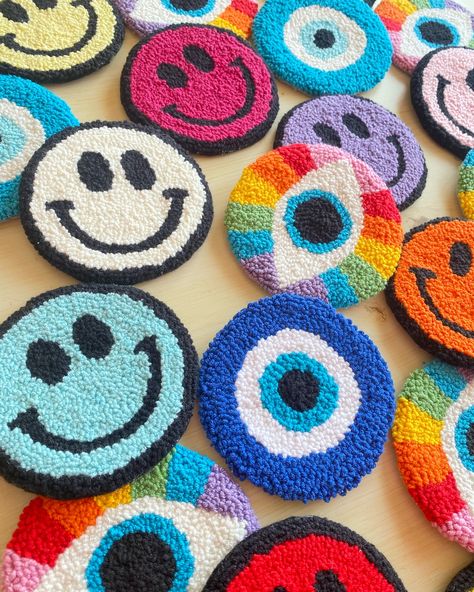 I feel happy again when I see these coasters 🥰😍 . . #bulksale #wholesaleorders #punchneedle #punchneedleprocess #punchneedleworld #punchneedleembroidery #smileyfaces #evileyecoasters #smileycoasters #carcoasters #tufttheworld #punchneedleart #mieldesign I Feel Happy, Trying New Things, Happy Again, Punch Needle Embroidery, Needle Punch, Feel Happy, Needle Art, Car Coasters, New Things