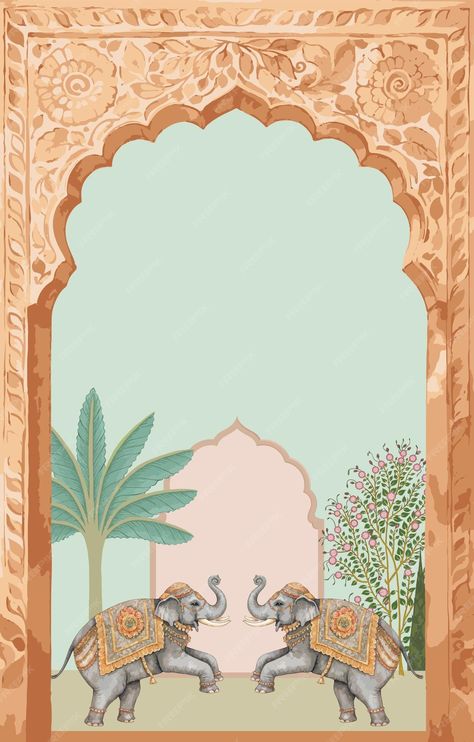 Traditional Mughal elephants in a garden with decorative arch frame | Premium AI-generated vector Mughal Architecture Illustrations, Engagement Couple Dress, Arch Illustration, Graphic Wedding Invitations, Mughal Garden, Decorative Arch, Engagement Backdrop, Traditional Background, Wedding Background Wallpaper