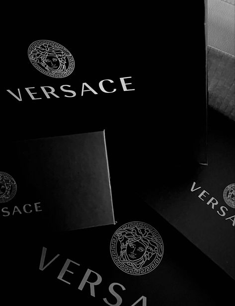 Rich Aesthetic Shopping, Versace Black And White Aesthetic, Rich Brands Aesthetic, Famous Brands Aesthetic, Versace Gift Box Aesthetic, Luxury Designer Aesthetic, Black Aesthetic Brands, Versace Astethic, Luxury Brand Ambassador Aesthetic