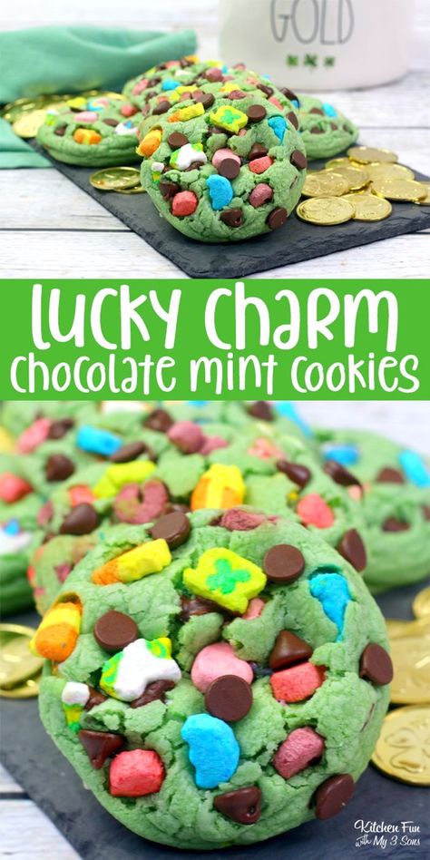 Lucky Charms Recipes, St Patricks Desserts, Lucky Charms Cookies, St Patricks Food, St Patrick Day Snacks, Lucky Charms Treats, Healthier Baking, Mint And Chocolate, St Patrick's Day Cookies