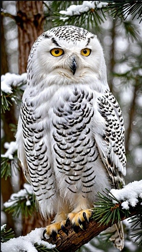 A majestic snowy owl with piercing yellow eyes perched gracefully on a snow-covered pine tree branch in a tranquil winter forest, close-up shot capturing intricate details of its snowy feathers, gentle snowfall softly descending in the background, sharp focus revealing every feather in high definition clarity. Animal Expressions, Pine Tree Branch, Birds Photography Nature, Owl Species, Pine Tree Tattoo, Owl Photography, Owl Feather, Owl Photos, Owls Drawing