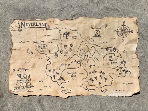 Neverland Map Centerpiece/ Peter Pan Map Centerpiece - Etsy Map Of Neverland, Neverland Decorations Diy, Neverland Decorations, Never Land Aesthetic, Peter Pan Party Decorations, Peter Pan Map, Peter Pan Bedroom, Neverland Map, Trunker Treat Ideas