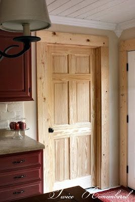 Cottage Trim Ideas, Cottage Door Trim, Slider Door Trim, Pine Window Trim Interiors, Natural Pine Trim, Farmhouse Style Doors, Pine Trim And Baseboards, Rustic Baseboards And Trim, Pine Baseboards And Trim