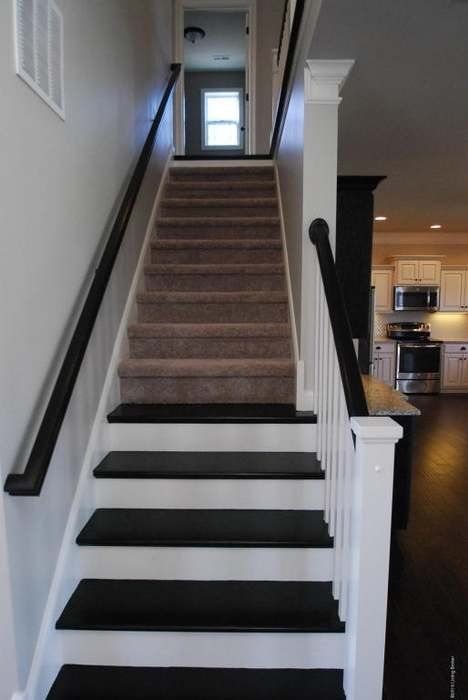 Black Stair Treads, Dark Stair Treads Light Floors, Painting Stair Treads Black, Dark Gray Painted Stair Treads, Black Treads White Risers, Black Stair Treads White Riser, Black Stair Treads White Riser Oak Floors, Updating 2 X 12 Stair Treads, Rubber Pretty Black Stair Treads