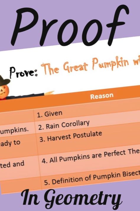 Have fun with proofs. It seems like Halloween is about the time I teach proofs, so I came up with a fake Halloween proof! Get a copy of my goofy proof for your introduction of proofs lesson. Students will have fun and learn about how to properly set up a two-column proof. Click to go to my blog and get your copy now! #Geometry #Proof #LogicalReasoning Geometry Proofs Activities, Halloween Geometry, Inductive And Deductive Reasoning, Geometry Proofs, Deductive Reasoning, Math Websites, Geometry Lessons, Geometry High School, Geometry Activities