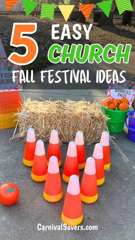 image shows church fall festival idea - candy corn bowling credit Carnival Savers Festival Games For Kids, Fall Festival Games For Kids, Church Fall Festival Ideas, Fall Festival Fundraiser, Harvest Festival Games, Fall Festival Ideas, Harvest Party Games, Preschool Harvest, Church Harvest Festival