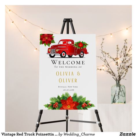 Vintage Red Truck Poinsettia Wedding Welcome Sign Poinsettia Wedding, Christmas Engagement Party, Engagement Welcome Sign, Welcome Sign Wedding, Christmas Engagement, Red Poinsettia, Wedding Posters, Wedding Winter, Wedding Welcome Sign