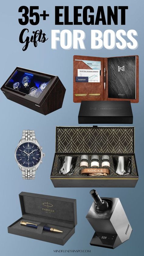 35+ elegant gifts for boss featuring luxury watch winder, professional portfolio for documents, whiskey gift set with whiskey glasses and chilling stones in a gift box, elegant men's watch, luxury pen in a gift box, electric wine chiller and more gift ideas on mindfulnessinspo.com Boss Christmas Gift Ideas Male, Gifts For Male Boss, Christmas Gift Ideas For Boss, Staff Christmas Gifts, Group Christmas Gifts, Christmas Gifts For Boss, Christmas Gifts For Your Boss, Gift Ideas For Boss, Gifts For Entrepreneurs