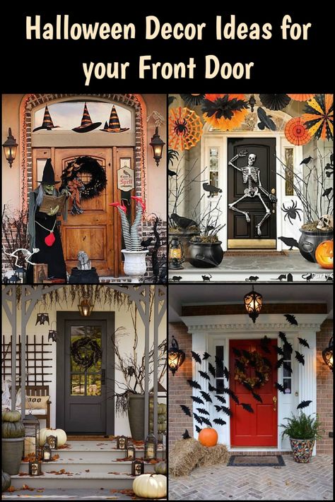 Halloween Entry Door Decor, Front House Halloween Decor, Holloween Decore Idea For Front Door, Front Door Decor Halloween, Witch Theme Halloween Decor Front Porch, Halloween Front Door Decorations Diy, Halloween Door Ideas For Home, Elegant Halloween Decor Front Porch, Holloween Decore Idea Front Porch