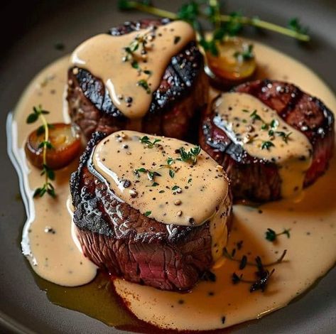 Chef paula deen | Seared Filet Mignon with Shallot Peppercorn Cream Sauce 😋 😍  | Facebook Italian Steak Recipes, Peppercorn Cream Sauce, Seared Filet Mignon, Filet Mignon Sauce, Creamy Peppercorn Sauce, Beef Entrees, Mustard Cream Sauce, Sauce Au Poivre, Mignon Steak