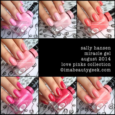 sally hansen miracle gel swatches love pinks collection Sally Hansen Miracle Gel Colors, Sally Hansen Gel, Gel Nails Long, Ring Finger Nails, Pretty Nail Colors, Sally Hansen Nails, Sally Hansen Miracle Gel, Nail Candy, Gel Nail Colors