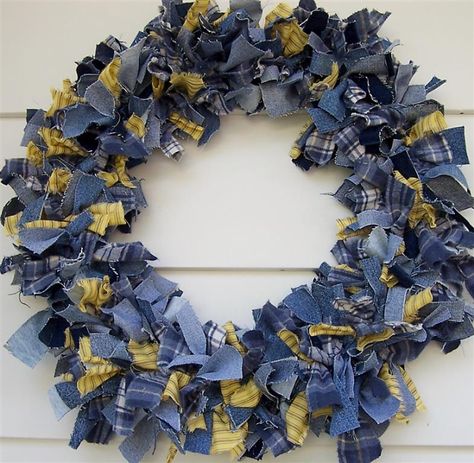 10 Denim Project Made from Jeans, Including One for Valentine’s Day What To Do With Old Jeans, Repurpose Old Jeans, Denim Wreaths, Blue Jeans Crafts, Fabric Wreath, Denim Projects, Rag Wreath, Denim Quilt, Jean Crafts