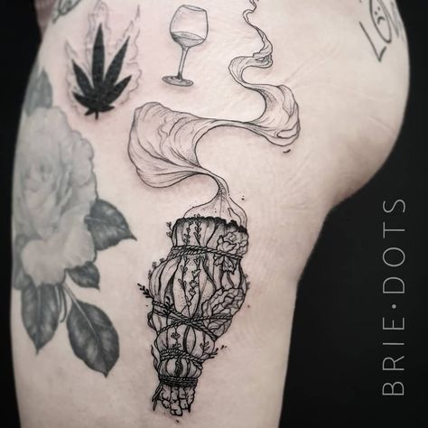 Brie Dots on Instagram: “I had the beautiful Beth and Kara in today for some cool bits and bobs! Some wee gap fillers on @floeykat 💙 Ya'll are my favourite x thanks…” Sage Burning Tattoo, Witchy Tattoo Fillers, Witchy Gap Filler Tattoo, Burning Sage Tattoo, Sage Bundle Tattoo, Apothecary Tattoo, Sleeve Gap Fillers Tattoo Ideas, Space Filler Tattoo, Magical Tattoo Ideas