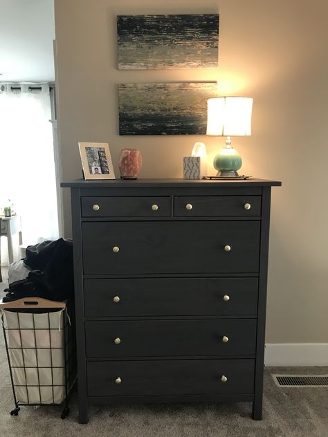 IKEA Hemnes chest of drawers in grey stained wood. Knobs from Amazon Ikea Hemnes Chest, Ikea Hemnes Chest Of Drawers, Chest Of Drawers Styling, Hemnes Chest Of Drawers, Grey Stained Wood, Bedroom Drawers, Ikea Bedroom, Ikea Hemnes, Wood Knobs