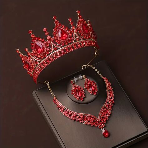 Rhinestone Women's Accessories Set With Rhinestone Crystal Crown Necklace Earrings For Wedding Birthday Party - Temu Party Tiara, Crystal Bridal Jewelry Sets, Crown Aesthetic, Queen Of Hearts Costume, Bridal Headwear, Crown Earrings, Red Crown, Crown Necklace, Rhinestone Tiara