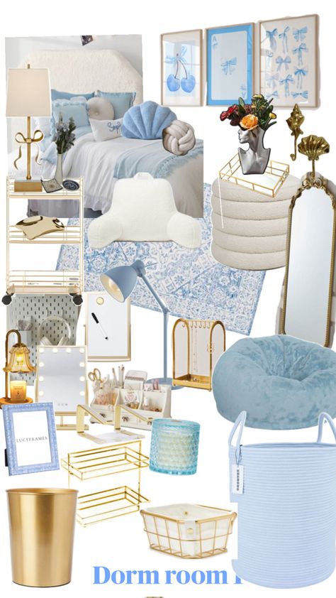 Blue and gold dorm room inspiration Suite Dorm Room Ideas, Blue And Gold Dorm Room, Gold Dorm Room, Dorm Room Blue, Dorm Themes, Blue Dorm, Blue College, Dorm Sweet Dorm, Dorm Inspiration