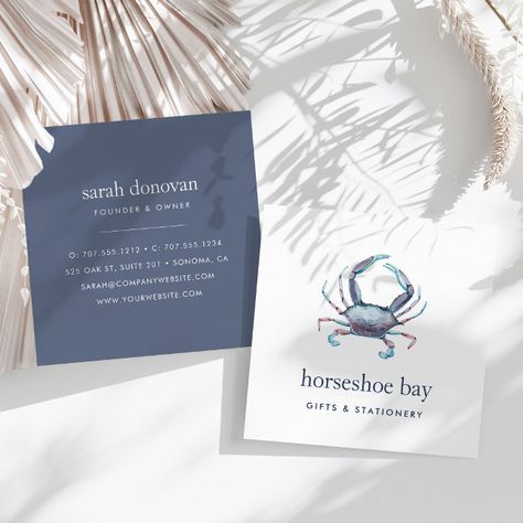 Chic Business Card, Nautical Chic, Horseshoe Bay, Blue Crab, Square Business Card, Cmyk Print, Loyalty Card, Ocean Themes, Name Card