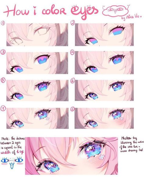 Anime Eye Tutorial Digital, Eyes Cute Drawing, How To Color Eyes Digital, Drawing How To, Eye Rendering Tutorial, How To Color Digital Art, How To Shade Eyes, How To Color Eyes, Anime Digital Painting