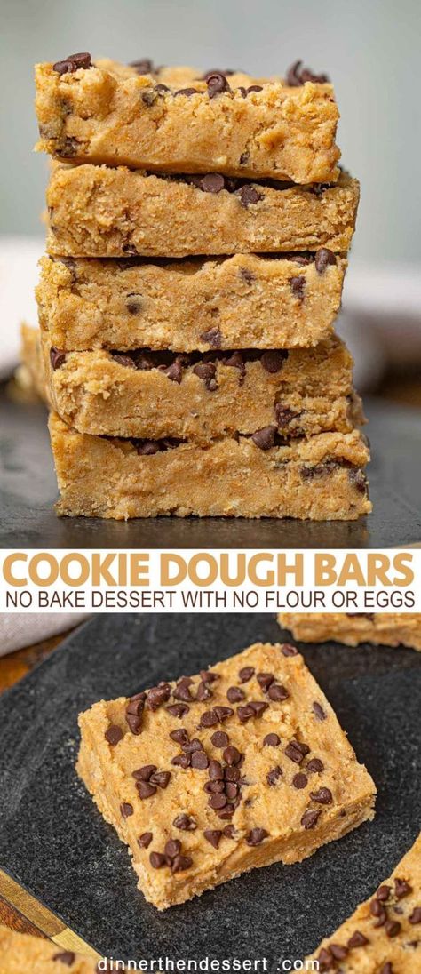 Cookie Dough Bars are chocolate chip cookie batter made without flour or eggs that are no bake! You can also use for your favorite dessert as toppings. #cookiedough #cookiedoughbars #cookie #cookies #chocolate #chocolatechips #nobakecookies #dinnerthendessert No Bake Brownie Batter Bars, Easy Desserts With No Flour, No Flour Recipes Desserts, How To Make Cookies Without Flour, No Bake Cookies Without Chocolate, No Flour Baking, No Flour Baking Recipes, Eggless Cookie Dough To Bake, Easy Desserts No Flour