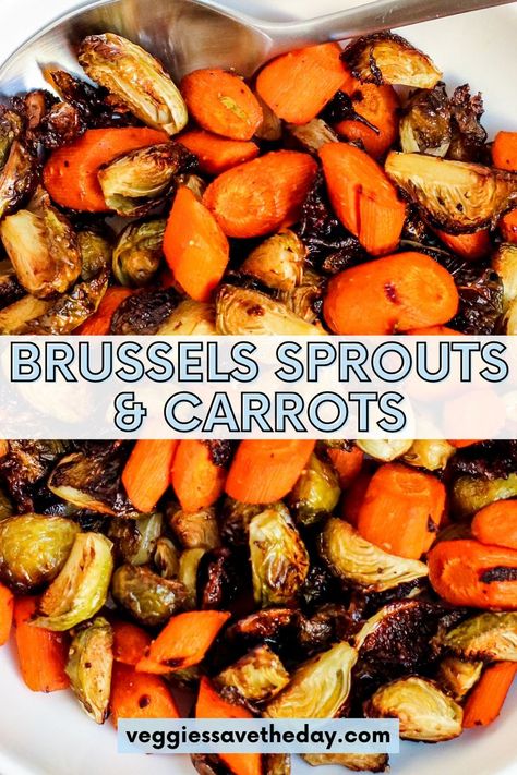 Bowl of roasted Brussels sprouts and carrots. Roasted Carrots And Brussel Sprouts, Carrots And Brussel Sprouts, Best Roasted Carrots, Easy Roasted Vegetables, Roasted Rainbow Carrots, Veggie Side Dish Recipes, Healthy Veggie, Sprouts Recipe, Gorgonzola Cheese