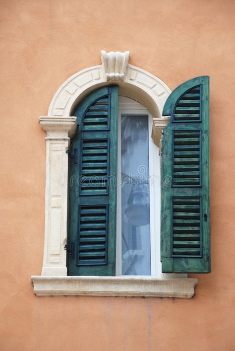 Photo about Antique  window with green shutters from Verona (Italy). Image of facade, antique, ornate - 18814855 Modern Centre Table Designs, Mediterranean Windows, Old Style House, Window Shutters Exterior, Antique Window, Green Shutters, Antique Windows, Shabby Chic Curtains, Window Covering