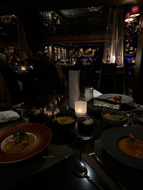 Dinner Dark Aesthetic, Fancy Restaurant Aesthetic Night, Dark Restaurant Aesthetic, Restaurant Dinner Aesthetic, Fine Dining Aesthetic, Fancy Dinner Aesthetic, Dark Restaurant, Low Exposure, Aesthetic Objects