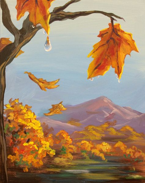 Landscape Paintings Autumn, Cute Autumn Paintings, Painting Autumn Leaves, Fall Paint Night Ideas Step By Step, Fall Leaves Painting Easy, Autumn Painting Ideas Easy, September Painting, Autumn Trees Painting, Halloween Watercolor Art