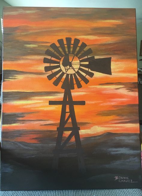 Country Sunset Painting, Western Things To Paint On Canvas, Country Acrylic Painting, Diy Western Canvas Painting, Cute Country Paintings, Western Things To Paint, Windmill Painting Easy, Easy Western Painting Ideas On Canvas, Country Paintings On Canvas