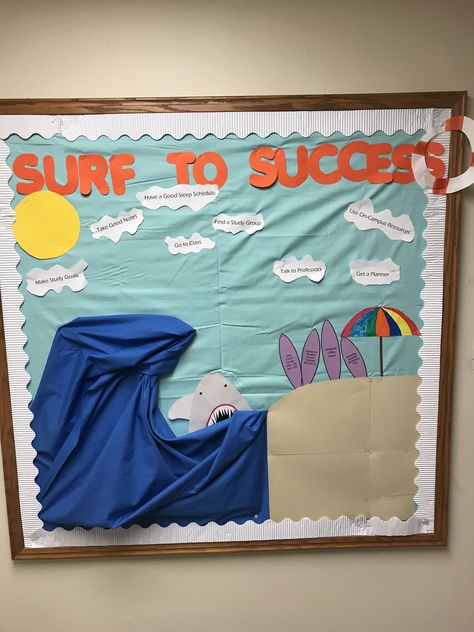 Island Theme Bulletin Board, Surf Bulletin Board, Beach Themed Bulletin Board Ideas, Shark Bulletin Board, Beach Bulletin Board Ideas, Testing Bulletin Boards, Beach Bulletin Boards, Recognition Board, Hall Themes