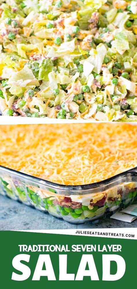 Layered Salad With Peas, Salad Snacks, Lettuce Salad Recipes, Layer Salad, Pea Salad Recipes, Seven Layer Salad, Layered Salad Recipes, Make Ahead Salads, Layered Salad