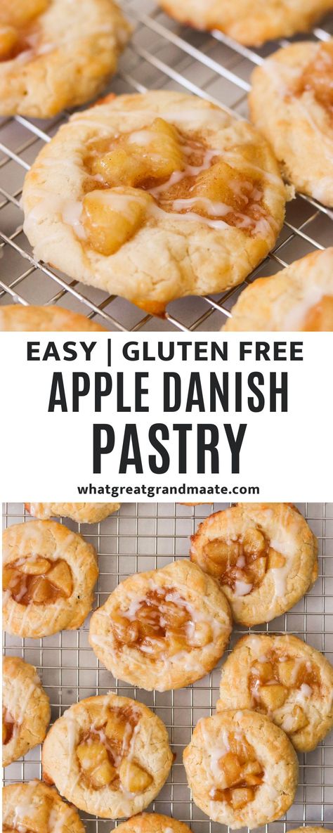 A light and flaky Apple Danish Recipe made from pancake mix and stuffed with a delicious homemade apple pie filling! An easy 30-minute dessert featuring super simple ingredients- the best! Easy Homemade Danish Recipe, Gluten Free Apple Pie Cookies, Apple Pie Danish Recipe, Apple Cheese Danish Recipe, Gluten Free Apple Danish, Gluten Free Apple Desserts, Apple Butter Danish, Gluten Free Danish, Apple Danish Recipe