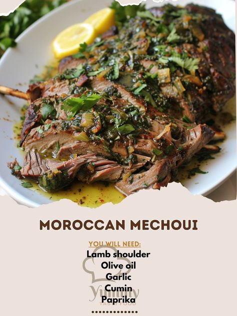 🌟 Savor the succulent Moroccan Mechoui! 🍖🇲🇦 #MoroccanCuisine #Mechoui Moroccan Mechoui Ingredients: Lamb shoulder (1, whole) Olive oil (1/4 cup) Garlic (4 cloves, minced) Cumin (2 tsp) Paprika (2 tsp) Salt (to taste) Lemon (1, sliced) Fresh herbs (mint, cilantro) Instructions: Preheat oven to 325°F. Rub lamb shoulder with olive oil, garlic, cumin, paprika, and salt. Place in a roasting pan, cover with foil. Roast for 3-4 hours until tender. Garnish with lemon slices and fresh herbs. 🌟 A t... Moroccan Lamb Chops, Moroccan Lamb, Olive Oil Garlic, Lamb Shoulder, Lemon Slices, Moroccan Food, Lamb Chops, Lemon Slice, Roasting Pan