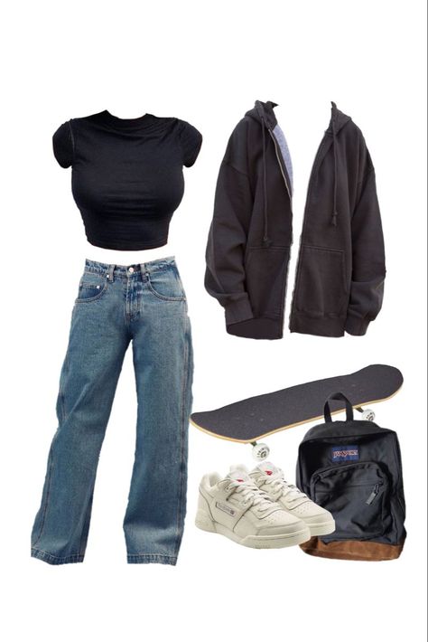 Highschool Girls Style, What To Wear To School Highschool, Bagy Outfits For Girl, Skateboarding Outfits Girl Style, Skater School Outfits, School Baggy Outfits, Skate Girl Aesthetic Outfit, Skatergirl Aesthetic Outfits, Skateboard Outfit Girl Style