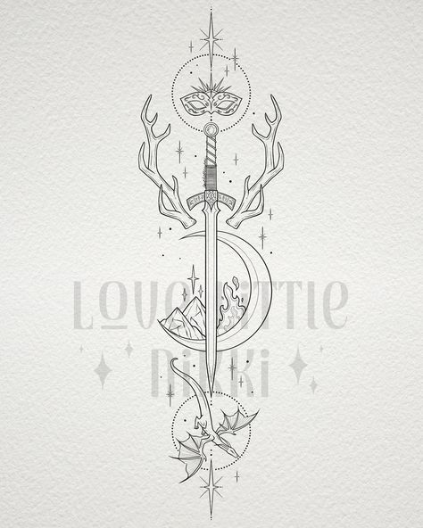 SJM Goldryn sword tattoo design for Amanda 🗡️✨ this one is an ACOTAR x Throne of Glass cross over! Thank you for your trust Amanda 📚📖 #acotar #throneofglass #bookish Womens Half Sleeve Tattoo Lower Arm, Fantasy Spine Tattoo, Ataraxia Tattoo, Maas Tattoo, Sjm Tattoo, Tattoo Ideas Spine, Sarah J Maas Tattoo, Sarah J Maas Tattoo Ideas, Velaris Tattoo