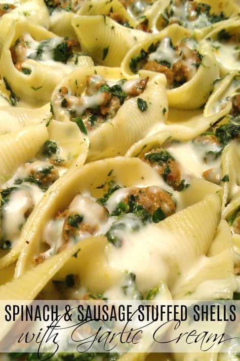 Sausage and Spinach Stuffed Shells with Garlic Cream Sauce | A rustic, simple recipe for stuffed pasta shells with Italian sausage, spinach and mozzarella topped with an easy garlic cream sauce. Sausage And Spinach Stuffed Shells, Stuffed Shells Beef, Italian Sausage Spinach, Sausage Stuffed Shells, Spinach And Mozzarella, Chicken Stuffed Shells, Sausage And Spinach, Spinach Stuffed Shells, Stuffed Shells Ricotta