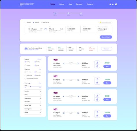 Task Page concept for search results 1) Usability (UX) 2) Following of UI trends 3) Previously entered data (User doesn`t want to lose searching results) 4) The price range for +/- 3 days 5) Reminder with notification about discounts on the current dates with possibility to share search results through any popular communication channel Search Ui Design, Flight App, Search Ui, App Inspiration, Flight Reservation, Ui Website, Navigation Design, Booking Website, Ui Design Website